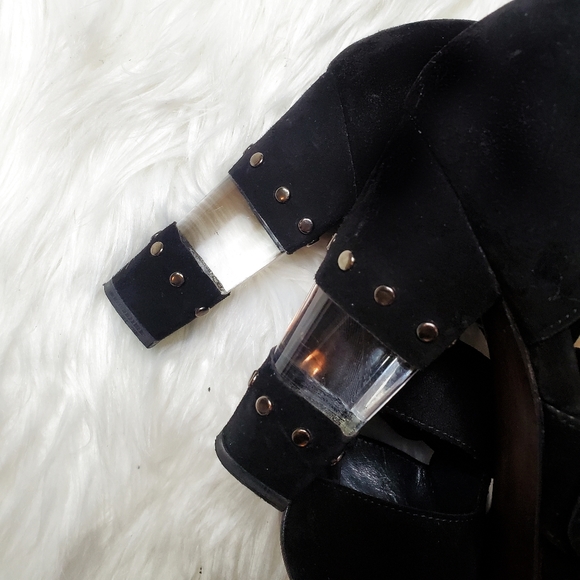 Stuart Weitzman | Black Suede Clear Open Toe Heels - Picture 5 of 8